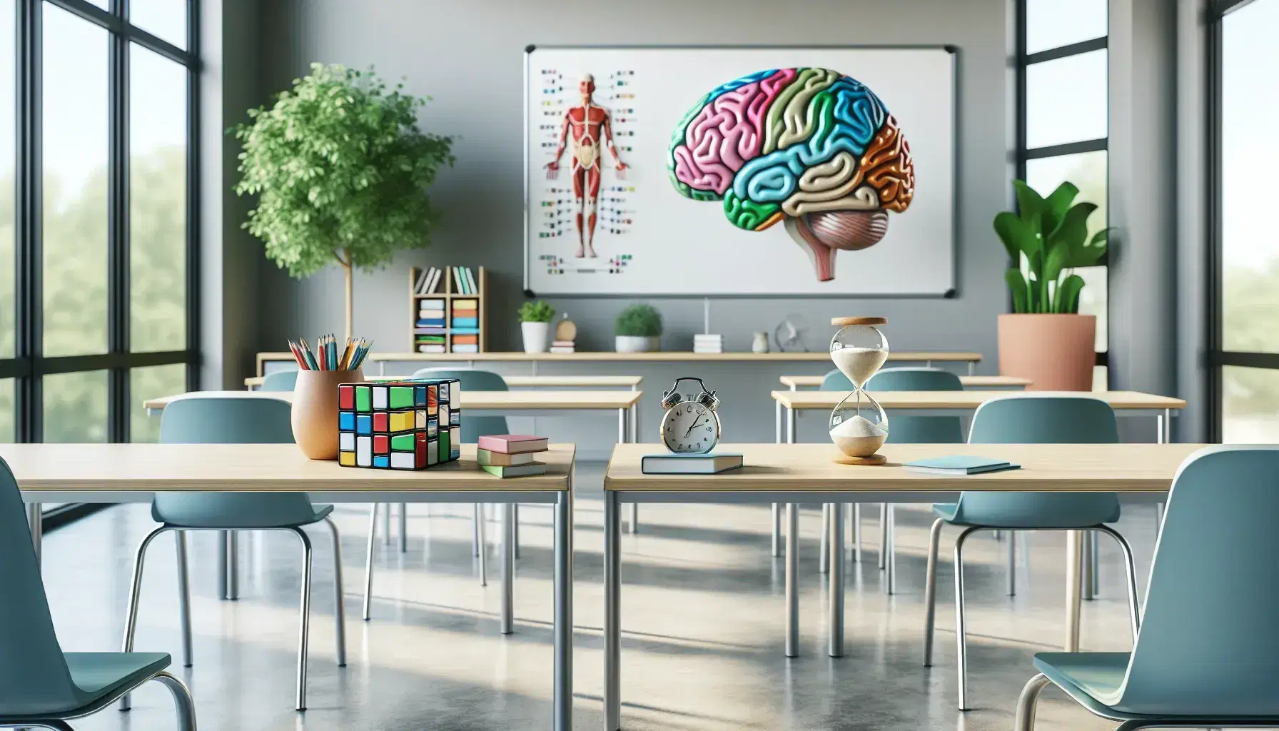 Aula escolar moderna con mesa de madera, cubo Rubik, reloj de arena, modelo cerebral y pizarra blanca, sillas apiladas y ventana con vista a árboles.
