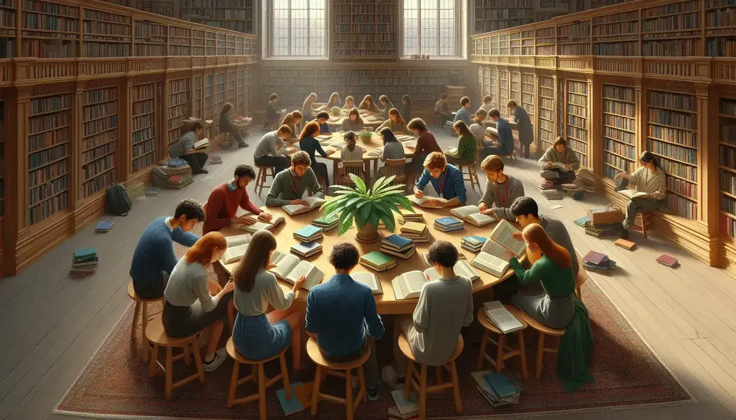Estudiantes concentrados leyendo libros en una biblioteca iluminada naturalmente, con estantes llenos y una planta decorativa.