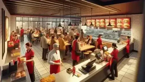 Diverse staff and customers fill a busy fast food restaurant with red and black decor, stainless steel kitchen equipment, and checkered flooring.