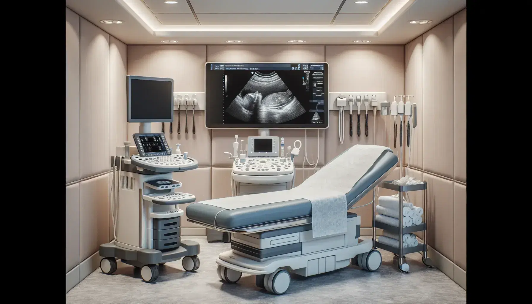 Sala de ecografía moderna con cama hospitalaria, máquina de ultrasonido avanzada mostrando imagen médica en pantalla, carrito con transductores y silla ergonómica.