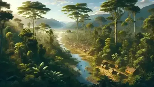 Paisaje de selva tropical con río cristalino, casas integradas en la vegetación y montañas al fondo bajo un cielo azul.