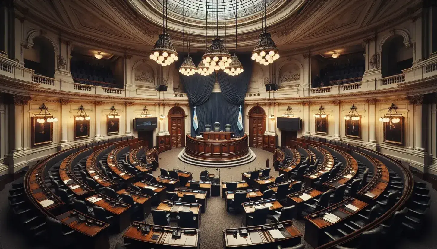 Interior del Congreso Nacional Argentino con bancas de madera en semicírculo, mesa principal con micrófonos, cortina azul y cúpula de vidrio.