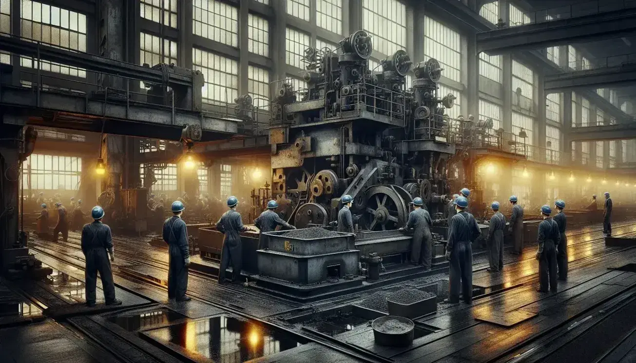 Operai in divisa blu e caschi di sicurezza lavorano su macchinari industriali in fabbrica vecchio stile, pavimento con trucioli metallici.