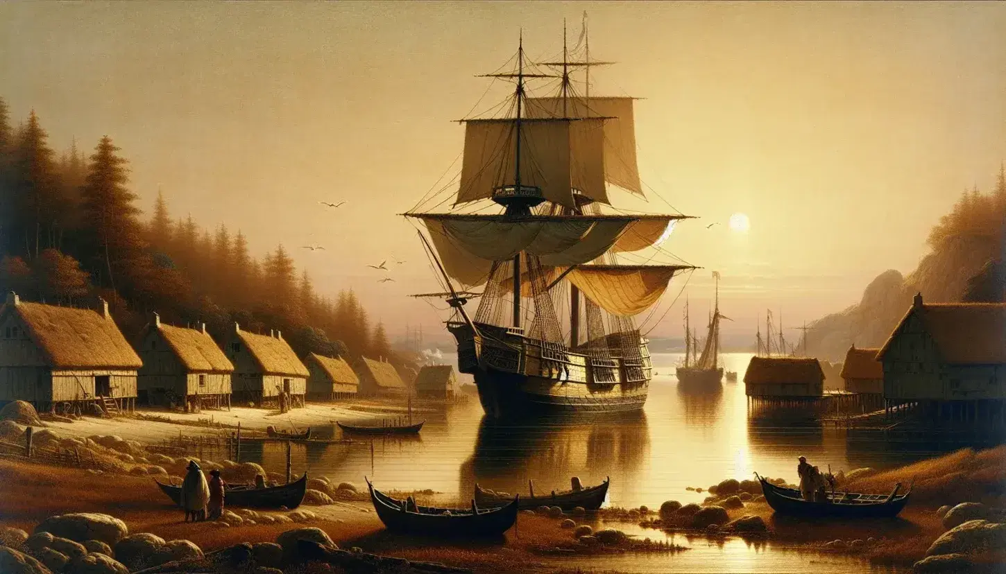 Serene dawn at a coastal bay with a three-masted wooden ship, settlers exchanging goods, and thatched-roof buildings amidst lush greenery.