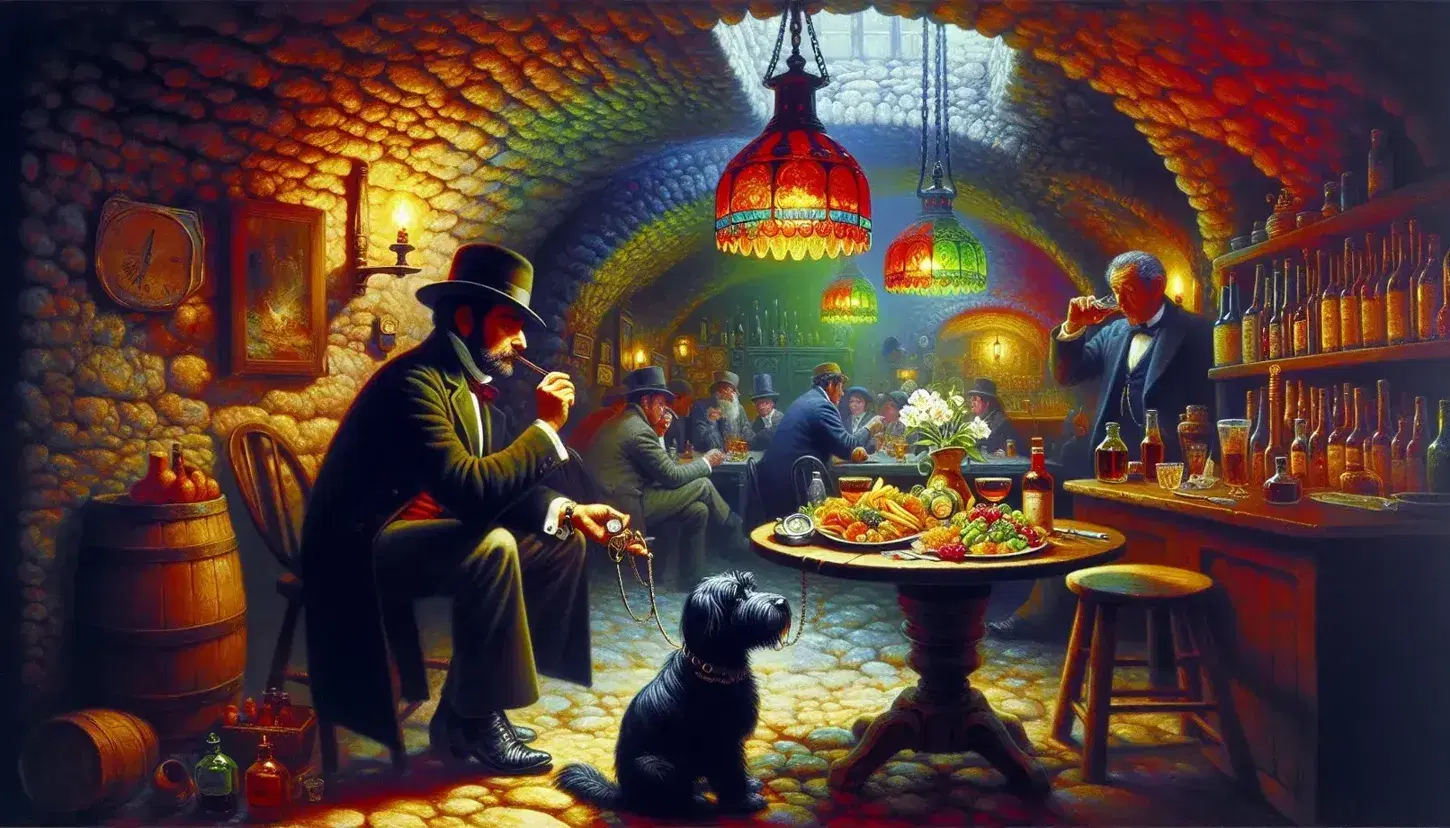 Uomo con cappello e orologio da tasca seduto in bar sotterraneo illuminato da lampade colorate, con signore anziano, cane nero e bambino assorti.