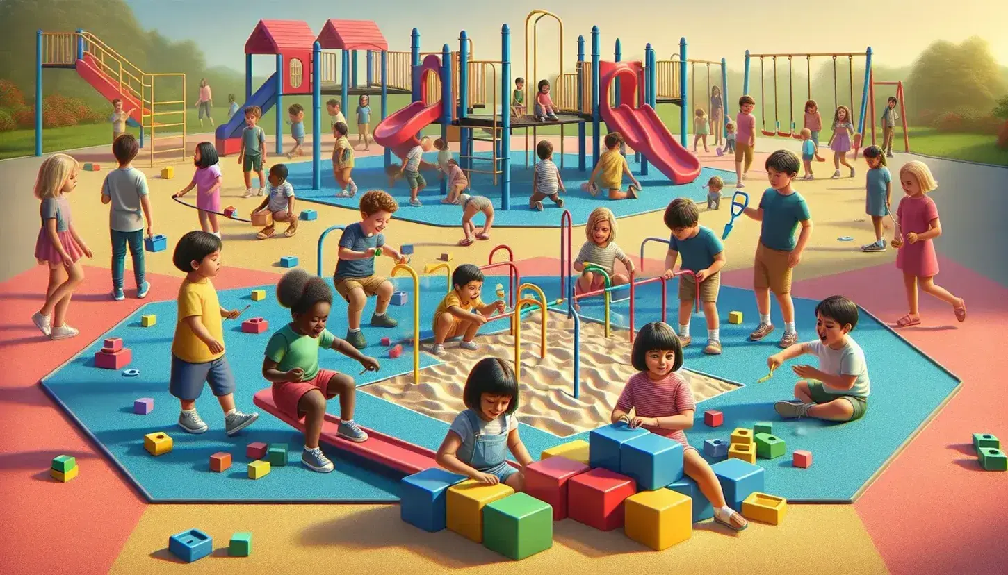 Children of various ages play in a colorful playground: constructions with blocks, swing, sandboxes and climbing on a red structure.