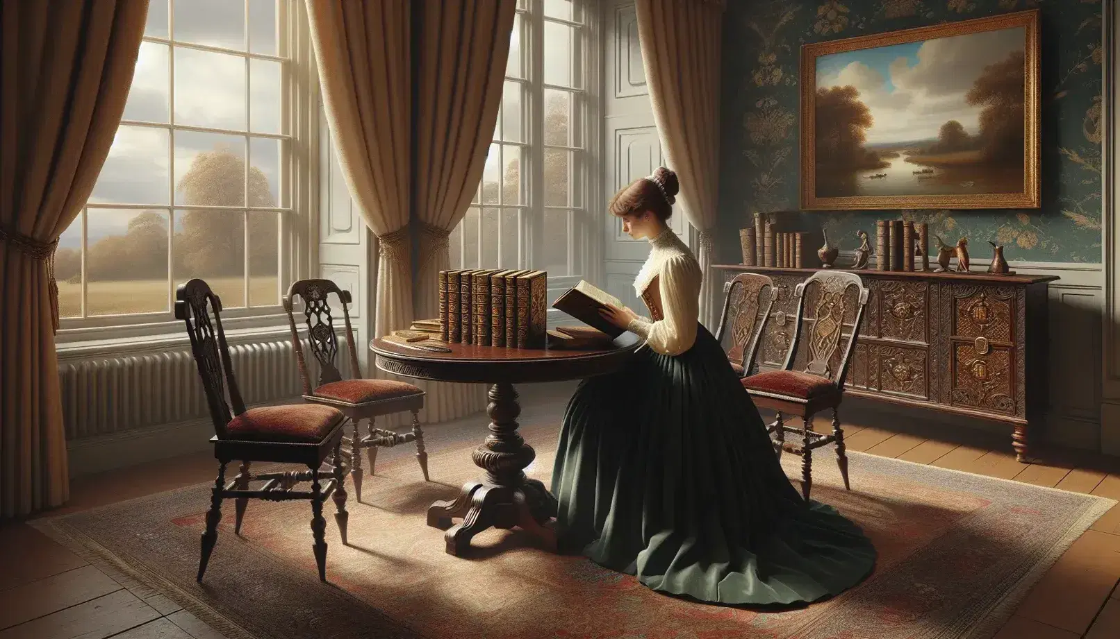 Mujer del siglo XIX leyendo un libro en una habitación clásica con mesa redonda de madera, sillas de terciopelo rojo, cortinas beige y una chimenea de mármol.