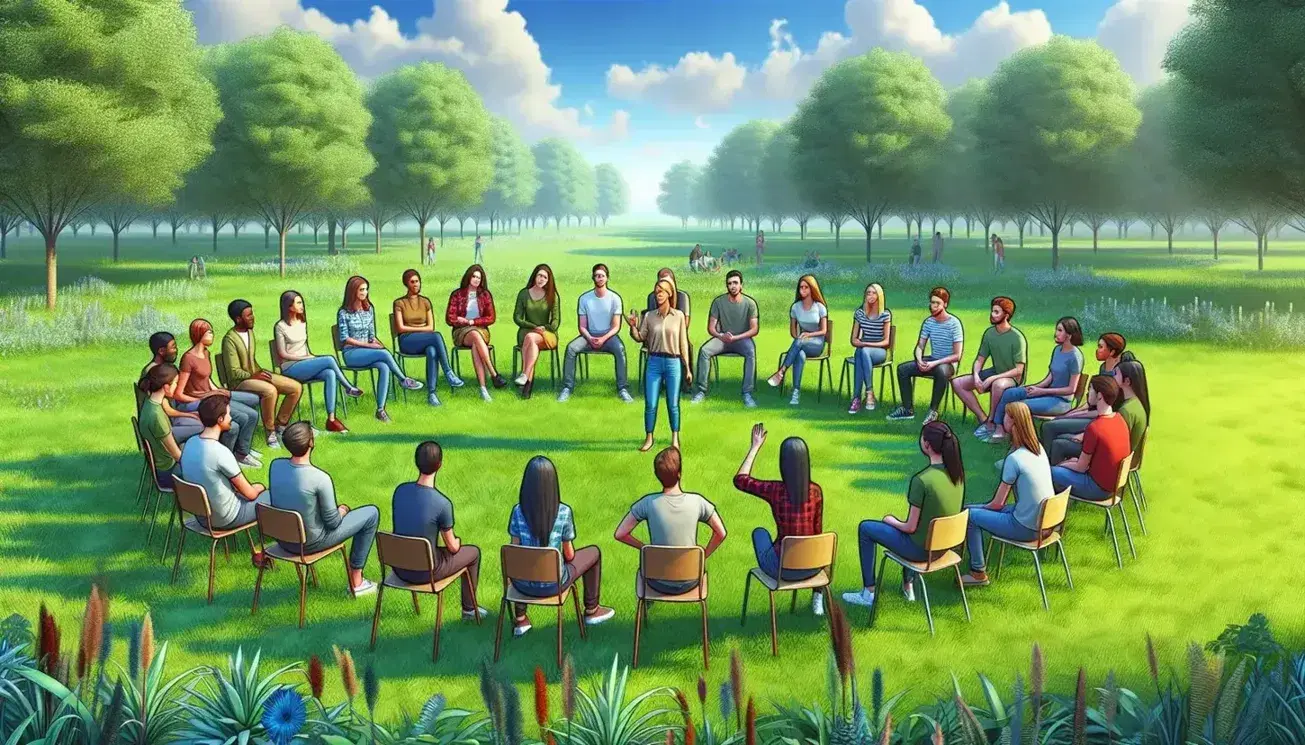 Estudiantes atentos participan en clase al aire libre sentados en círculo en un parque, con un profesor en el centro dialogando y gestos de comunicación.