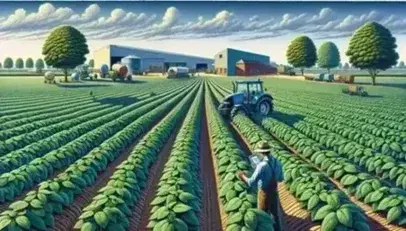Campo agricolo con filari di piante verdi, agricoltore con dispositivo tecnologico, trattore blu e alberi da frutto, sotto un cielo sereno.