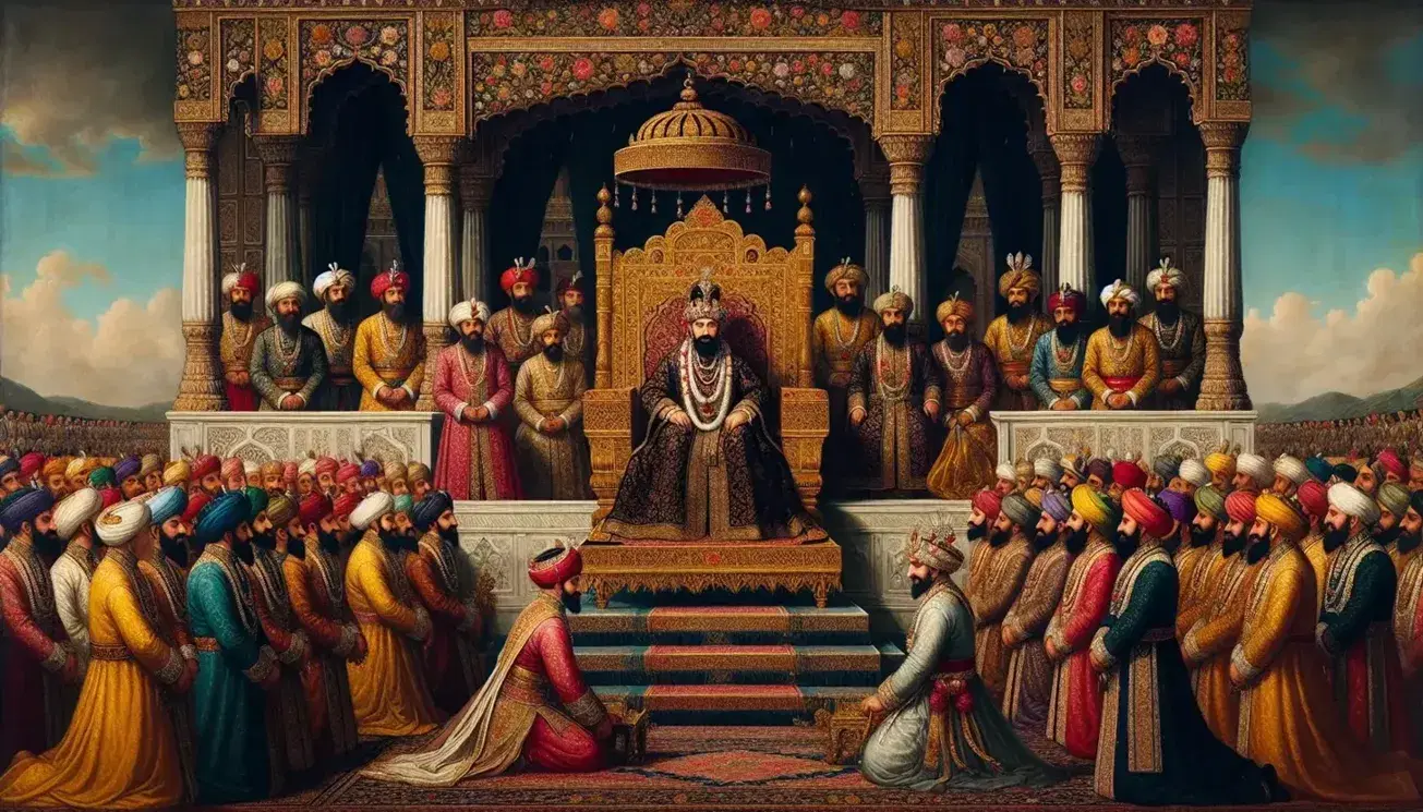 Mughal Emperor seated on a golden throne in a grand durbar, with courtiers and a bowing foreign ambassador presenting a scroll, in a luxurious court setting.