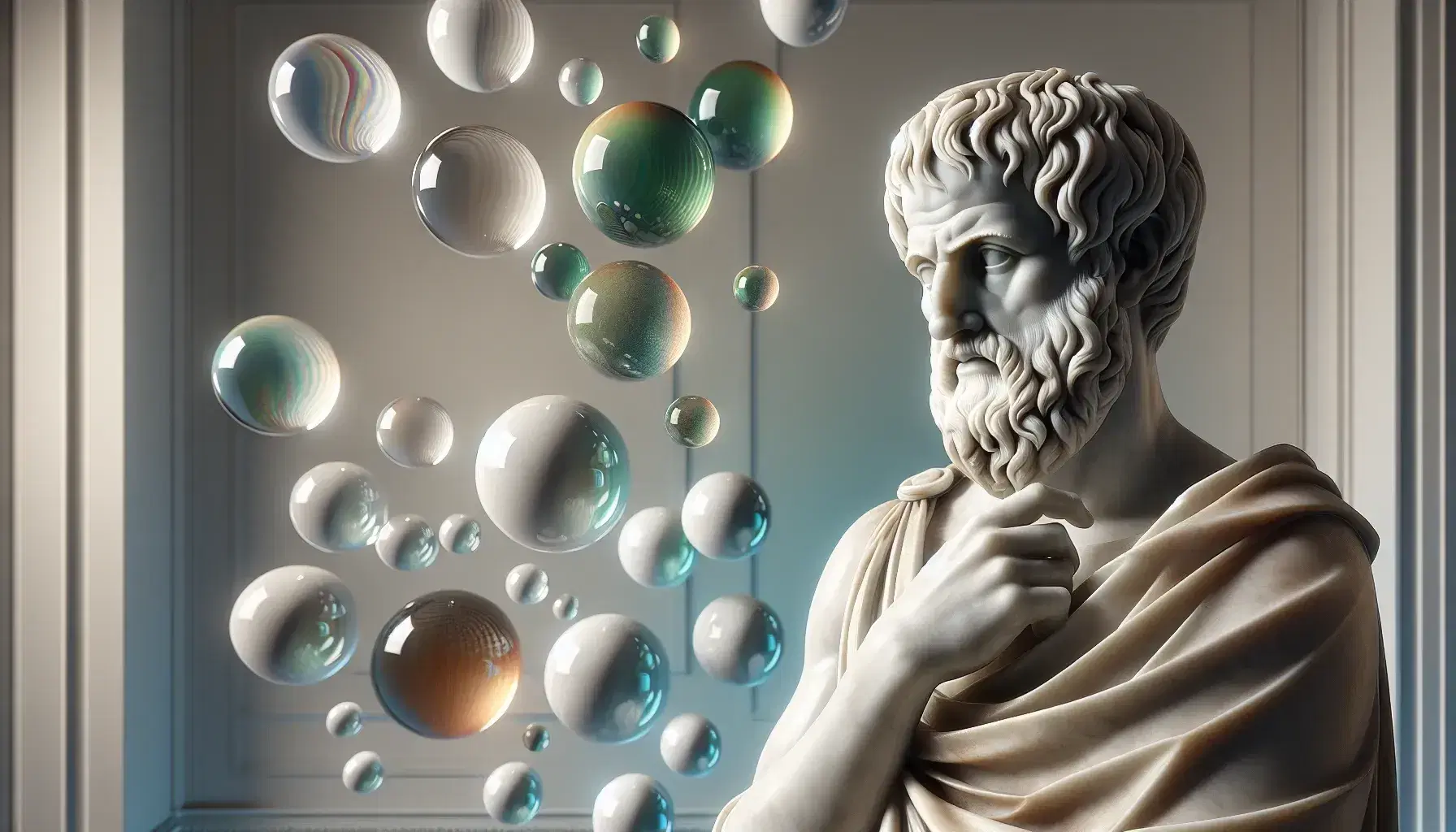 Estatua de mármol blanco de Aristóteles con mano alzada y esferas translúcidas de colores en fondo, reflejando luz natural.