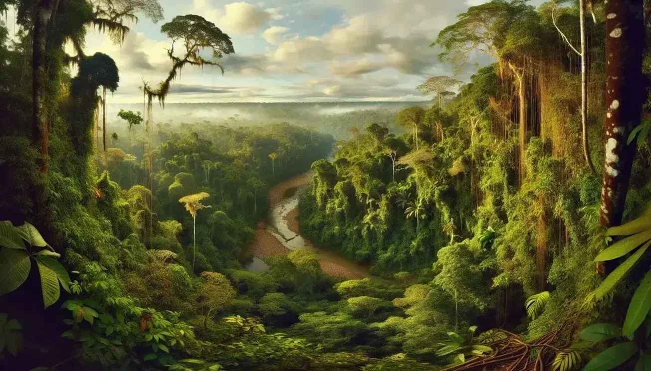 Vista panorámica de la selva amazónica en Perú con árboles frondosos, lianas, un río serpenteante y cielo azul claro sin señales de intervención humana.