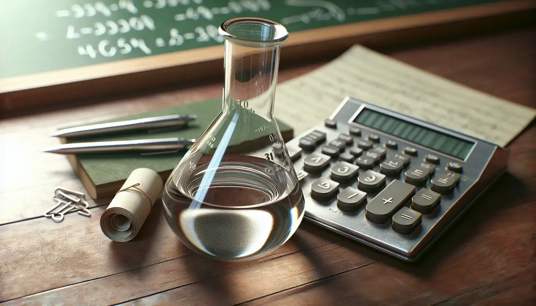 Close-up of glass flask with clear liquid on wooden surface next to steel mechanical calculator and blurry green chalkboard.