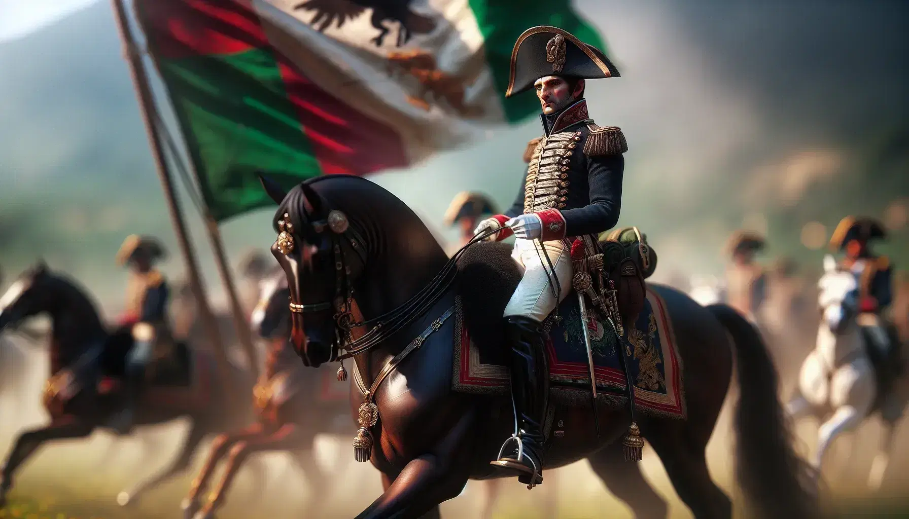Uomo in uniforme militare dell'epoca napoleonica a cavallo, con tricorno, giacca blu con dettagli rossi e oro, pantaloni bianchi e stivali neri, bandiera tricolore italiana sfocata sullo sfondo.
