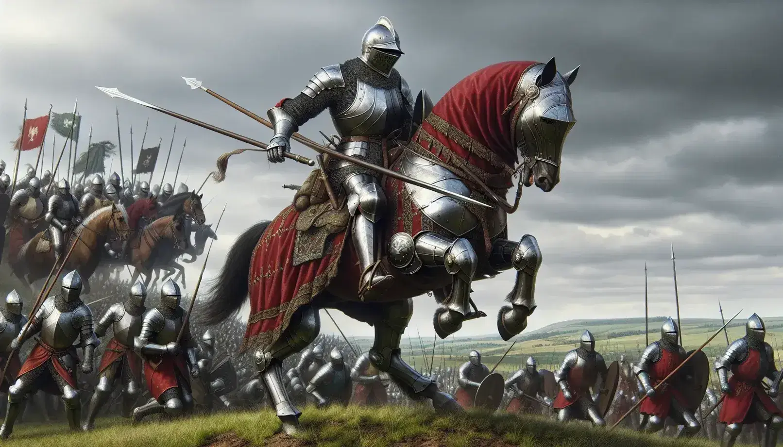 Cavaliere in armatura su cavallo con copertura rossa brandisce lancia in battaglia medievale, sfondo di guerrieri e colline sotto cielo nuvoloso.