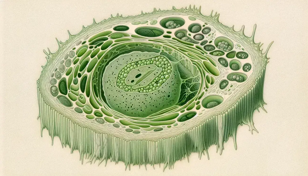 Close-up view of a plant cell with a large central vacuole, chloroplasts, and a thick cell wall, as seen through a light microscope.