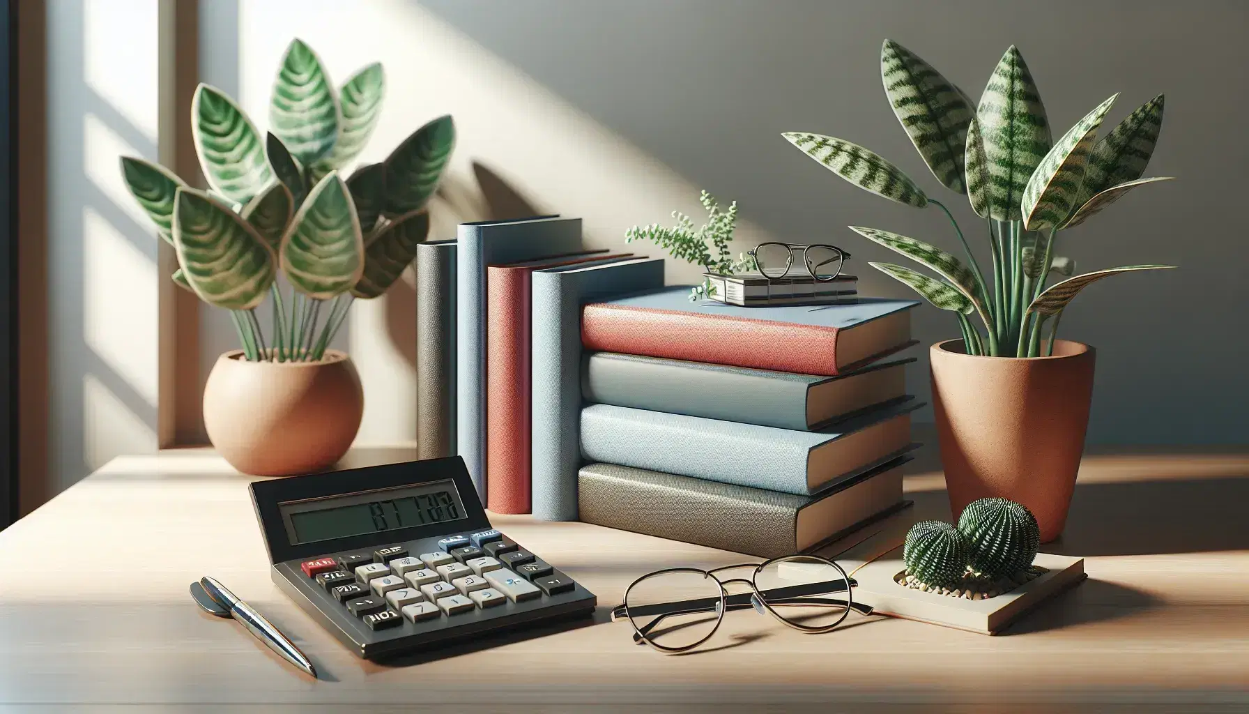 Libros apilados con portadas de colores sólidos junto a un calculadora negra y unas gafas sobre una mesa de madera clara, con una planta de interior al fondo.