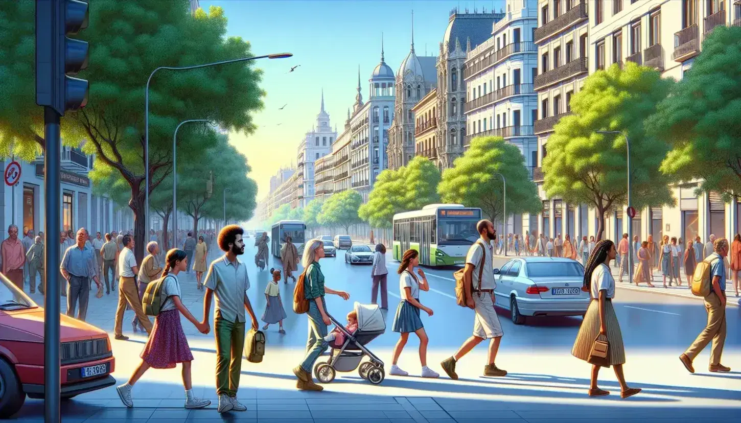 Bustling Spanish city street with diverse pedestrians, a girl with a schoolbag, a man with a stroller, varied architecture, parked cars, a bus, and green trees on a sunny day.