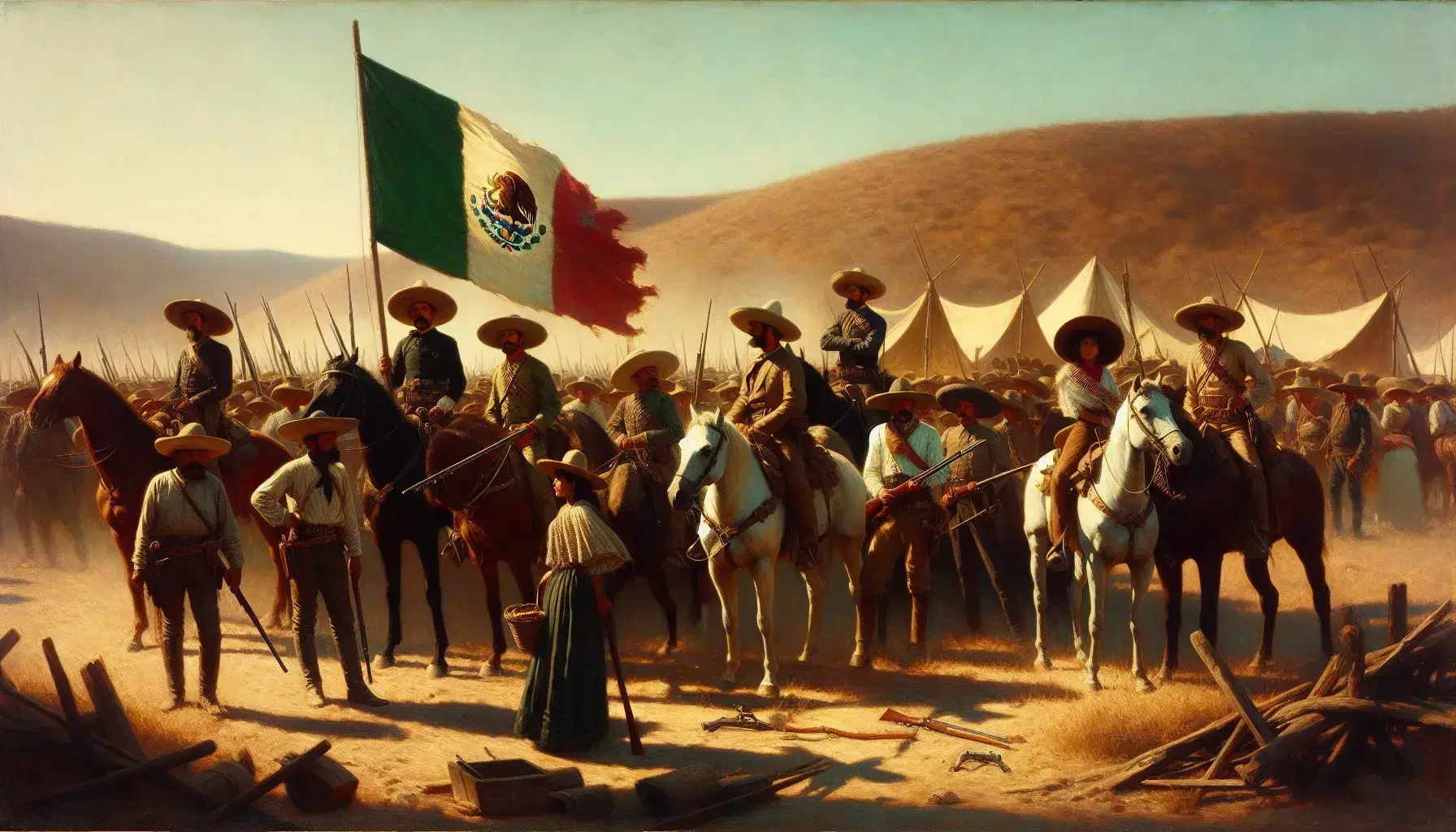 Grupo de personas con atuendos del siglo XX en paisaje árido mexicano, hombres a caballo con sombreros anchos y bandera de México, mujeres con chales y canasta, tiendas de campaña y fogatas al fondo.
