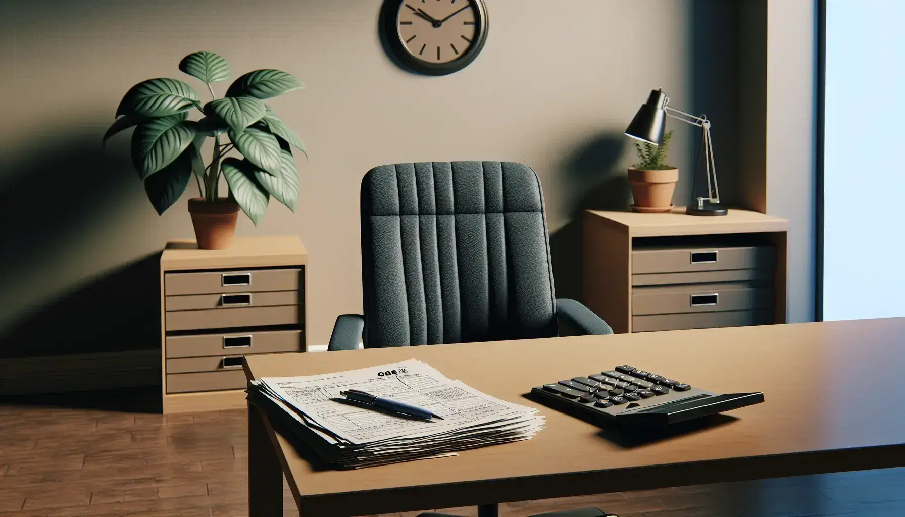 Escena de oficina de impuestos con mesa de madera, calculadora, papeles, bolígrafo azul, silla con ruedas y planta en maceta, bajo una iluminación suave.