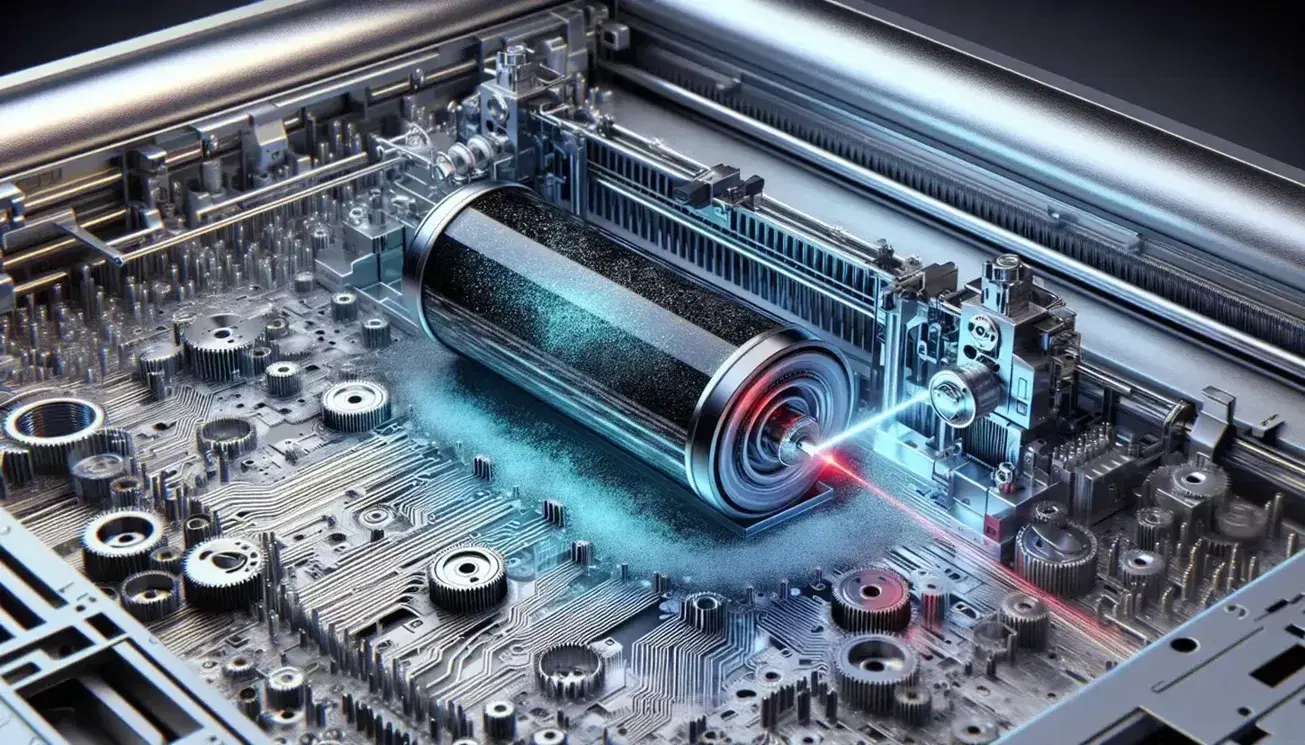 Close-up of laser printer internals with a reflective drum, red laser beam, black toner, and intricate metallic gears and circuits.