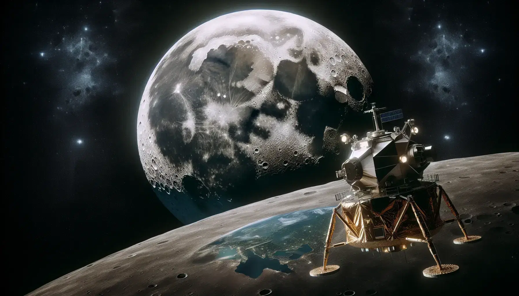 Vista notturna della Luna piena con dettagli di crateri e mari lunari, modulo Apollo in primo piano e Terra illuminata sullo sfondo.