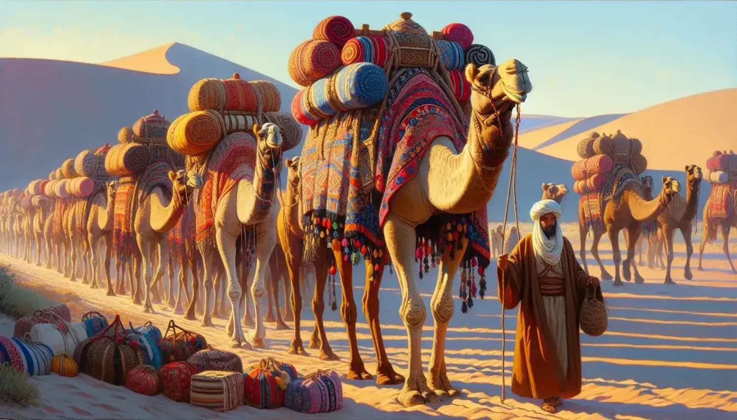 Caravana de camellos con mantas coloridas en el desierto, un comerciante con túnica y turbante guía a un camello bajo un cielo azul.