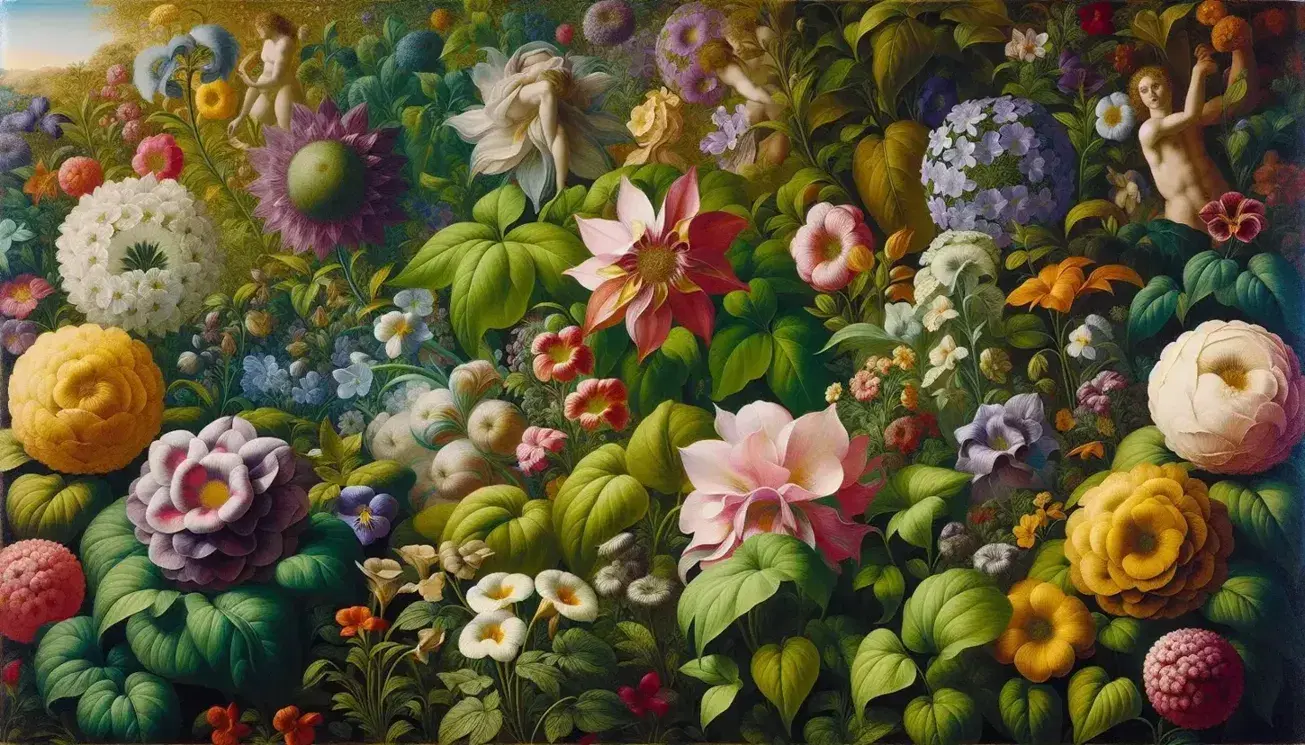 Dettaglio floreale da "La Primavera" di Botticelli, con fiori multicolori e foglie verdi, senza figure mitologiche.