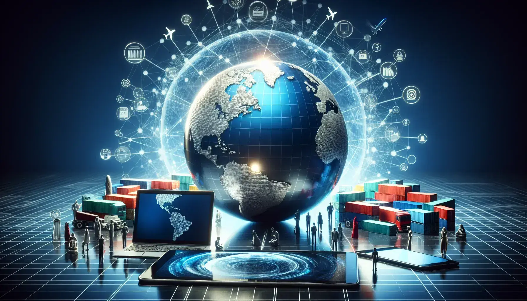 Globo lucente con container colorati, persone diverse e dispositivi elettronici su sfondo blu con linee argentate che simboleggiano la globalizzazione.