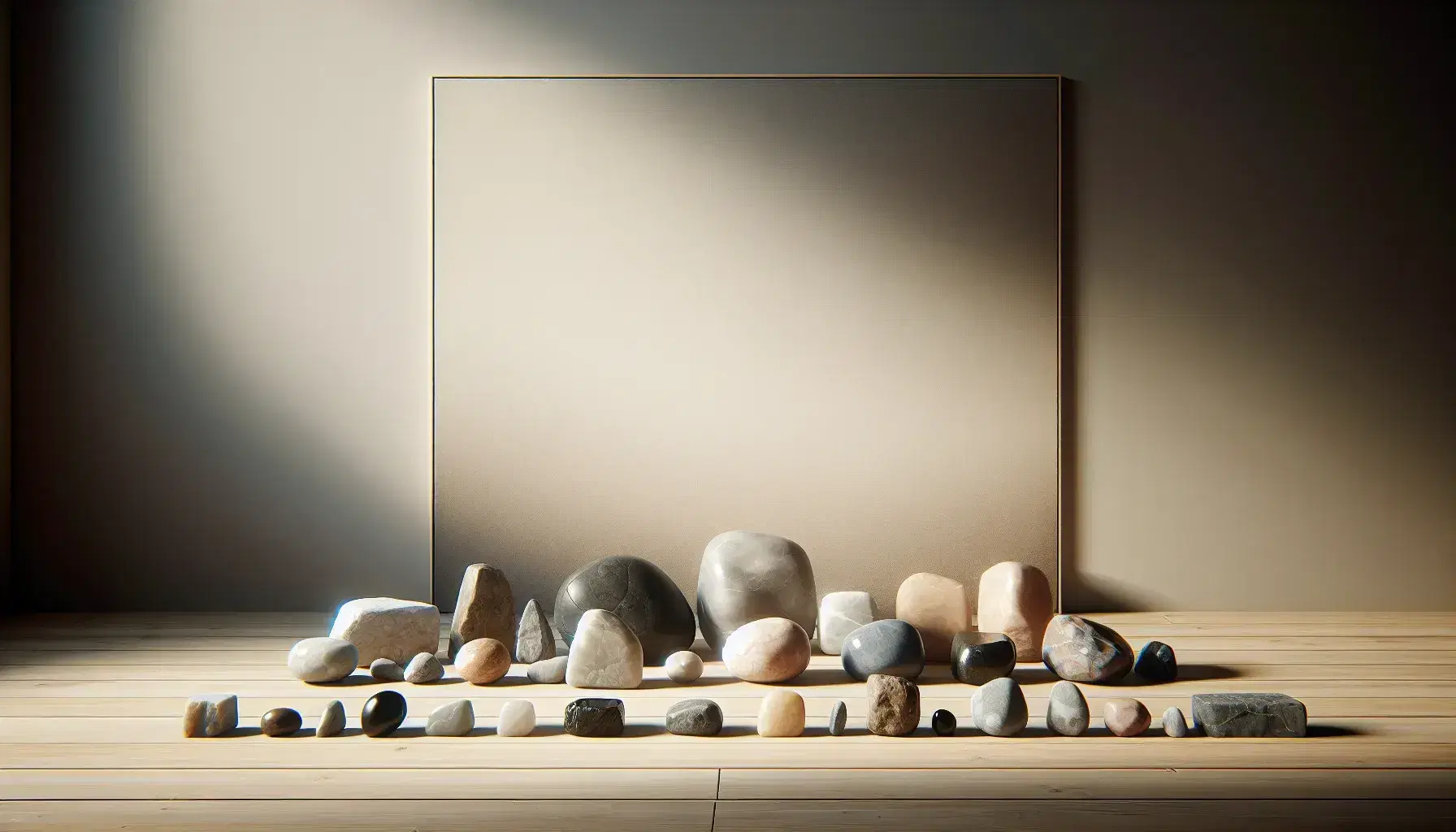 Pietre levigate di varie dimensioni e colori, da grigio chiaro a nero, allineate su un tavolo di legno chiaro con sfondo neutro.