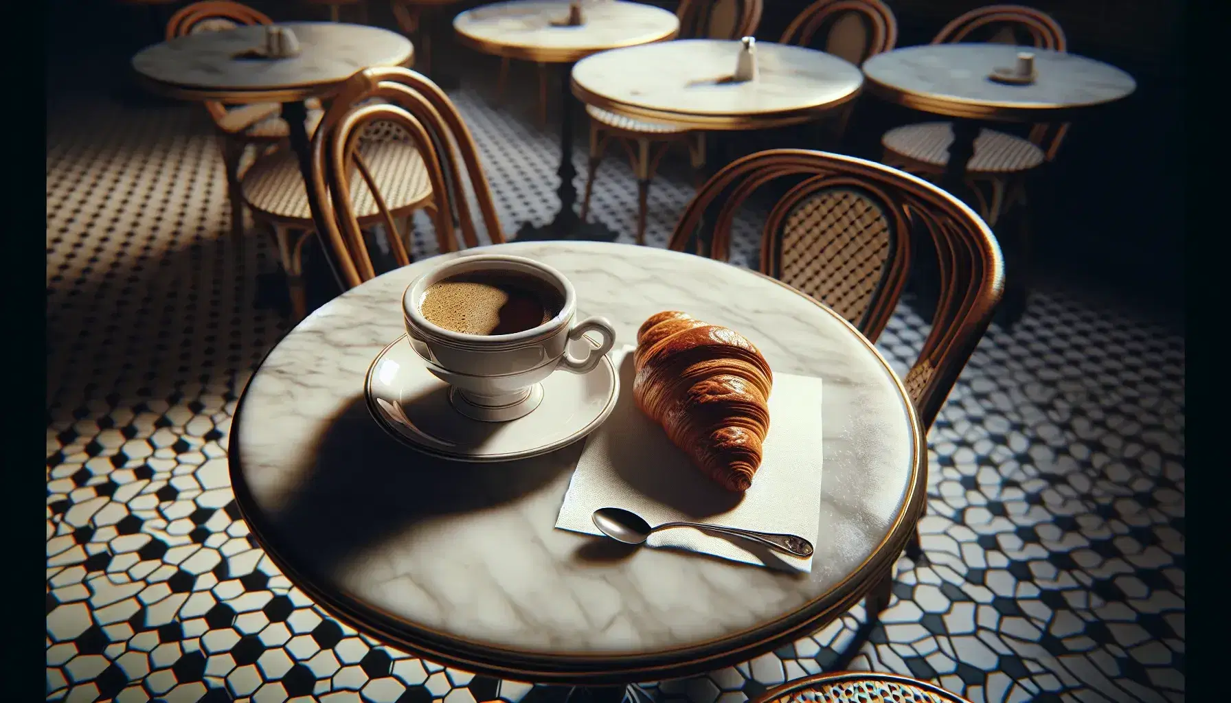 Close-up view of a French café setting with a coffee cup, silver spoon, saucer, and flaky croissant on a marbled bistro table, with rattan chairs in the background.