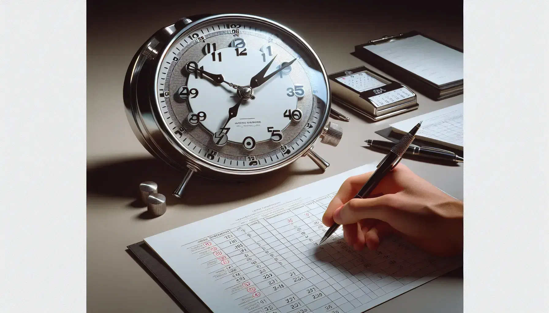 Orologio analogico segna le 10:10 accanto a calendario con date evidenziate e mano con penna su foglio bianco, simbolo di pianificazione lavorativa.