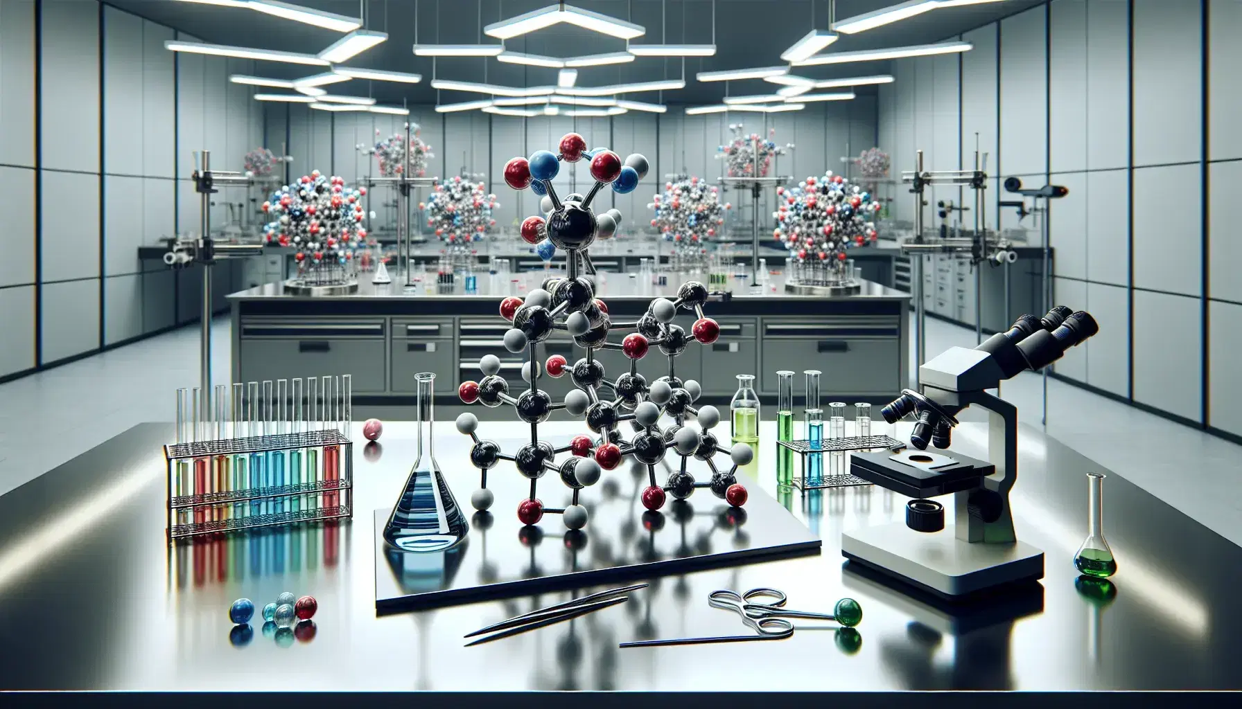 Laboratorio scientifico moderno con banco di lavoro in acciaio, modelli molecolari 3D colorati e attrezzature come provette e microscopio.