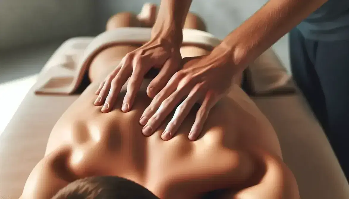 Manos realizando un masaje en la espalda de una persona sobre una mesa de masaje clara, destacando la técnica y el ambiente relajante.