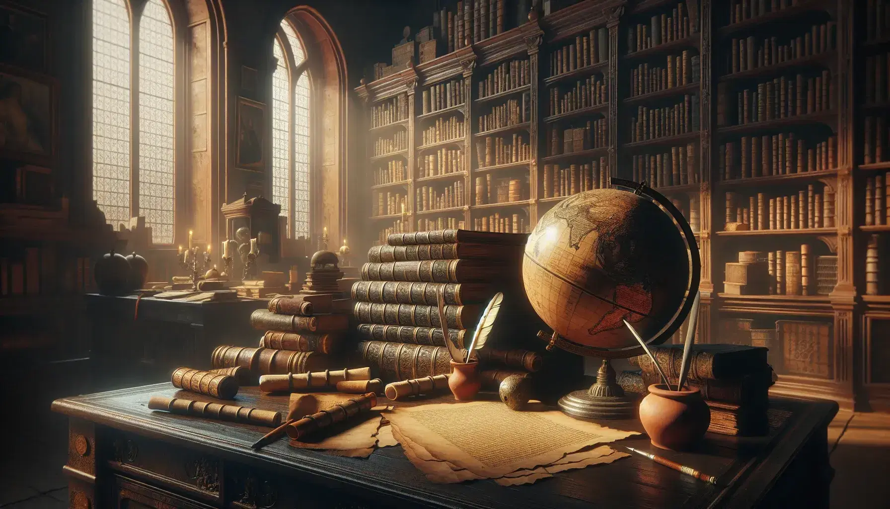 Antica biblioteca con tavolo in legno, pergamene, libri rilegati, inchiostro e penna, globo e libreria piena di volumi sotto luce naturale.