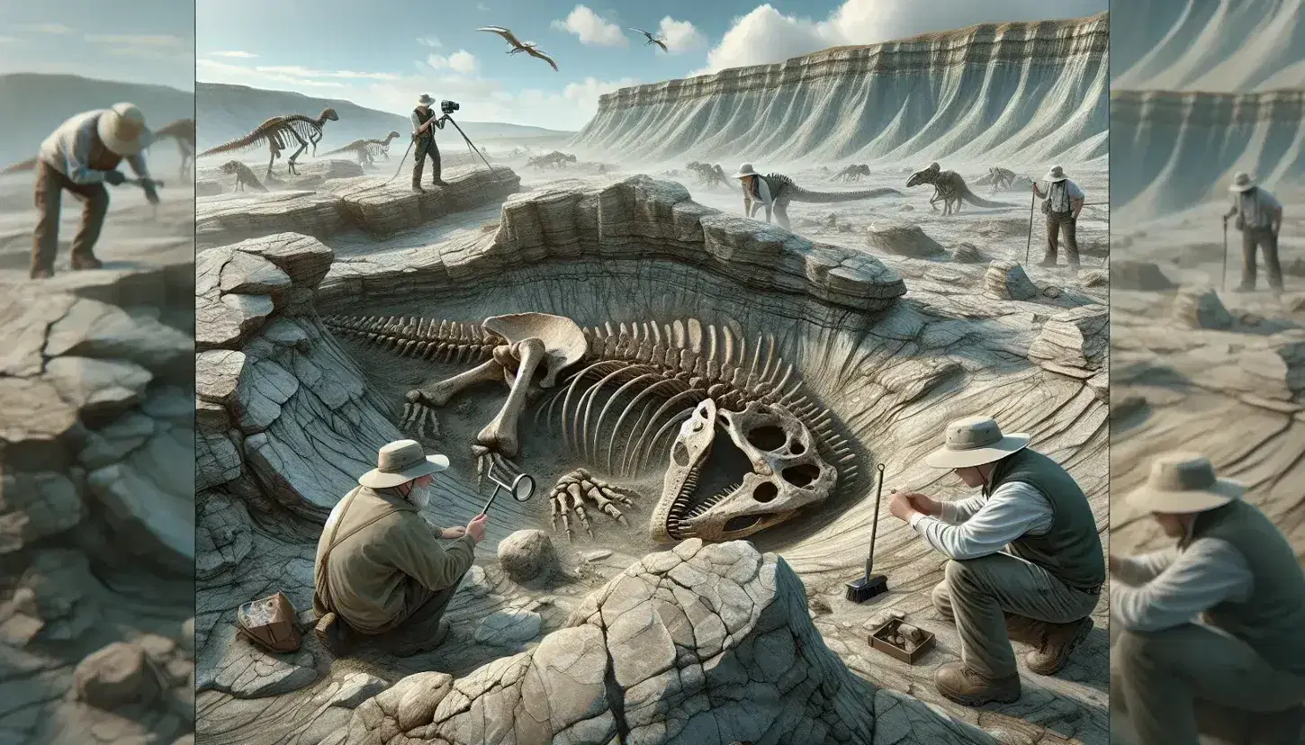 Scavo paleontologico in terreno roccioso con paleontologi che scoprono fossile di dinosauro, attrezzi visibili in primo piano.