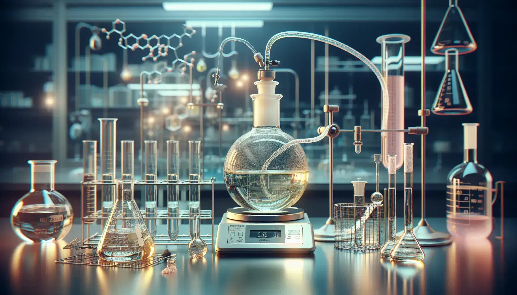 Scientific laboratory with round bottom flask connected to Liebig condenser for distillation, digital balance and colored test tubes.