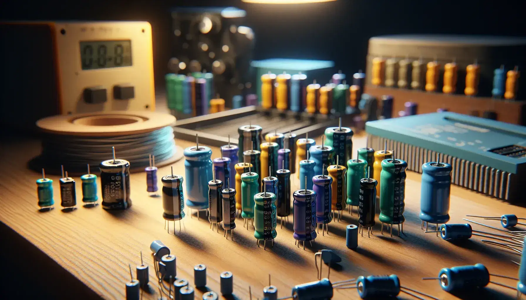 Assorted capacitors on a wooden workbench with cylindrical and box types in blue, green, black, and yellow, alongside out-of-focus soldering tools.