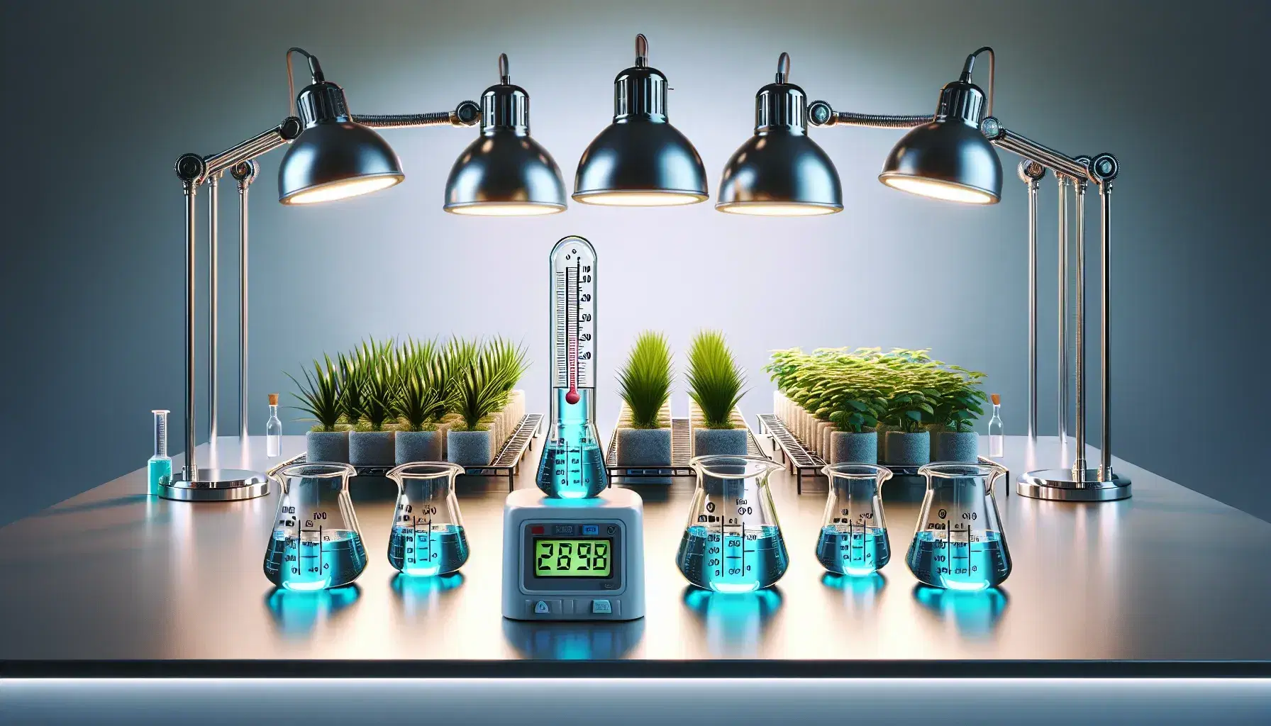Laboratory with three glass beakers with blue liquid and thermometers, green plants illuminated by lamps and gray digital timer on neutral background.