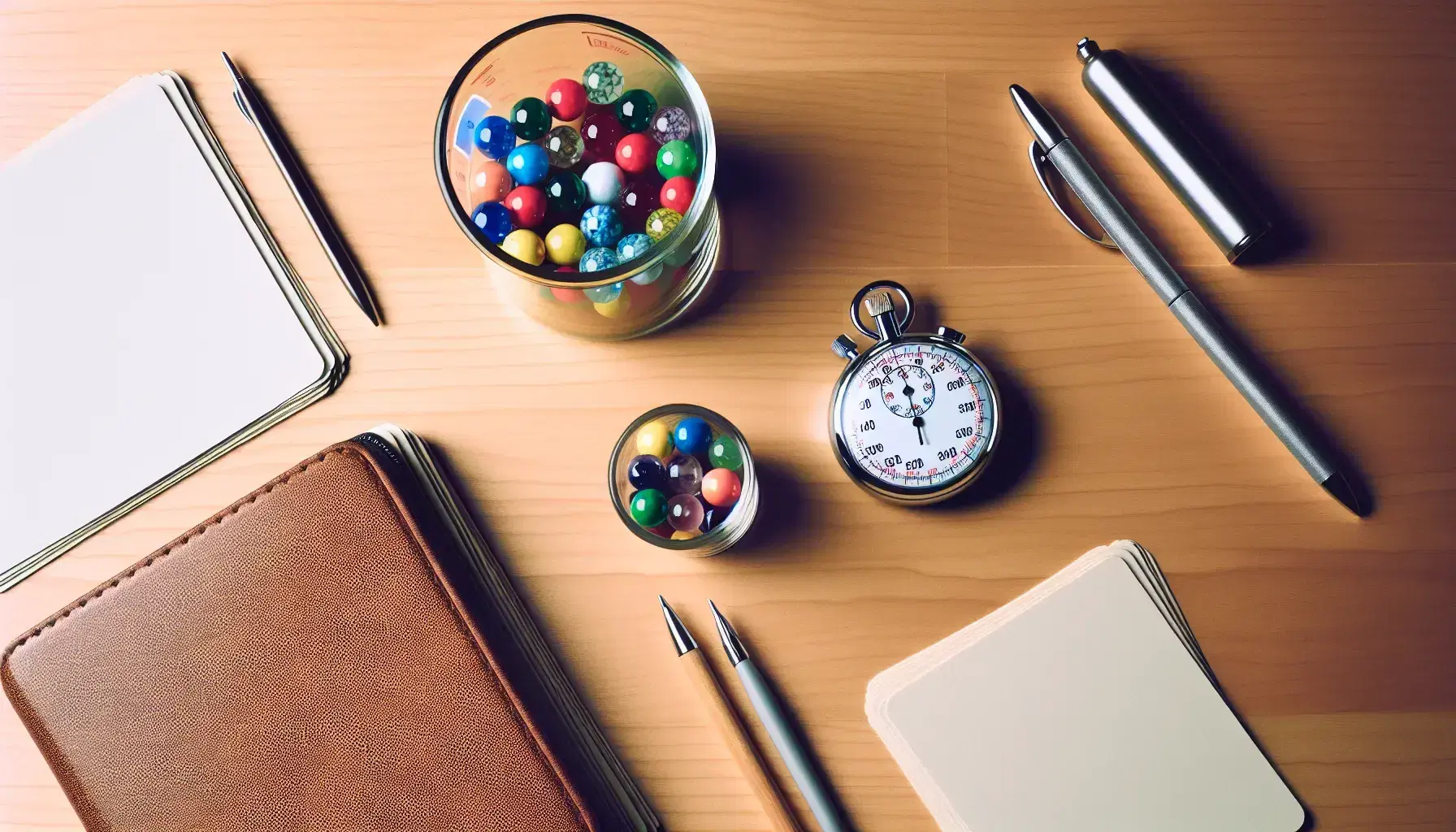 Flat lay of an organized office desk with psychological research tools including a beaker of colored marbles, stopwatch, index cards, kitchen scale, die, and a potted plant.