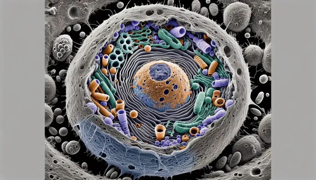 Micrografía electrónica de célula eucariota coloreada mostrando núcleo, mitocondrias, retículo endoplásmico, aparato de Golgi y membrana plasmática.
