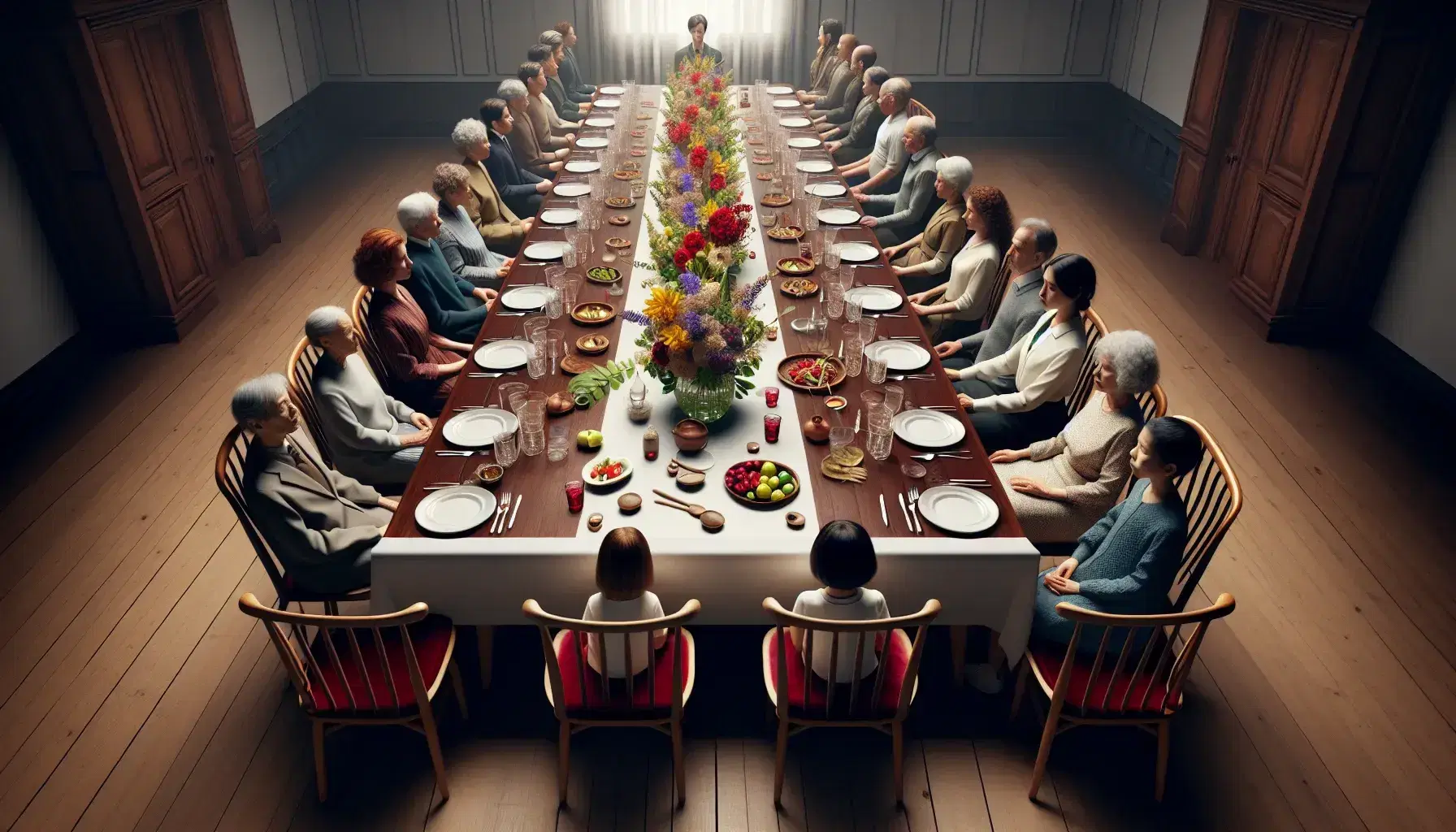 Tavolo da pranzo allungato con famiglia multigenerazionale seduta intorno, piatti bianchi e fiori colorati al centro, in ambiente domestico accogliente.