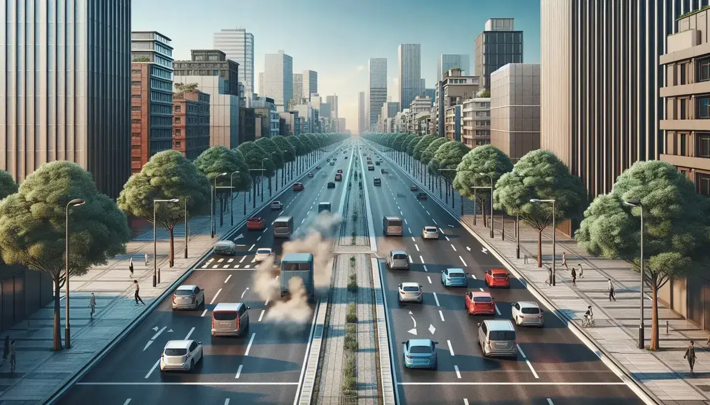 Escena urbana con calle y autos estacionados, peatones en acera, árboles y edificios altos bajo un cielo azul con capa de contaminación aérea.