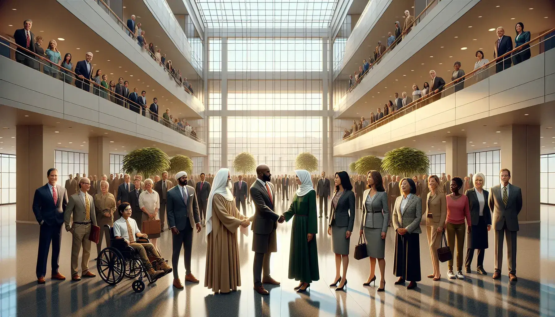 Diverse group in a modern atrium with a judge shaking hands with a man, a woman in a wheelchair present, and multicultural attire visible.