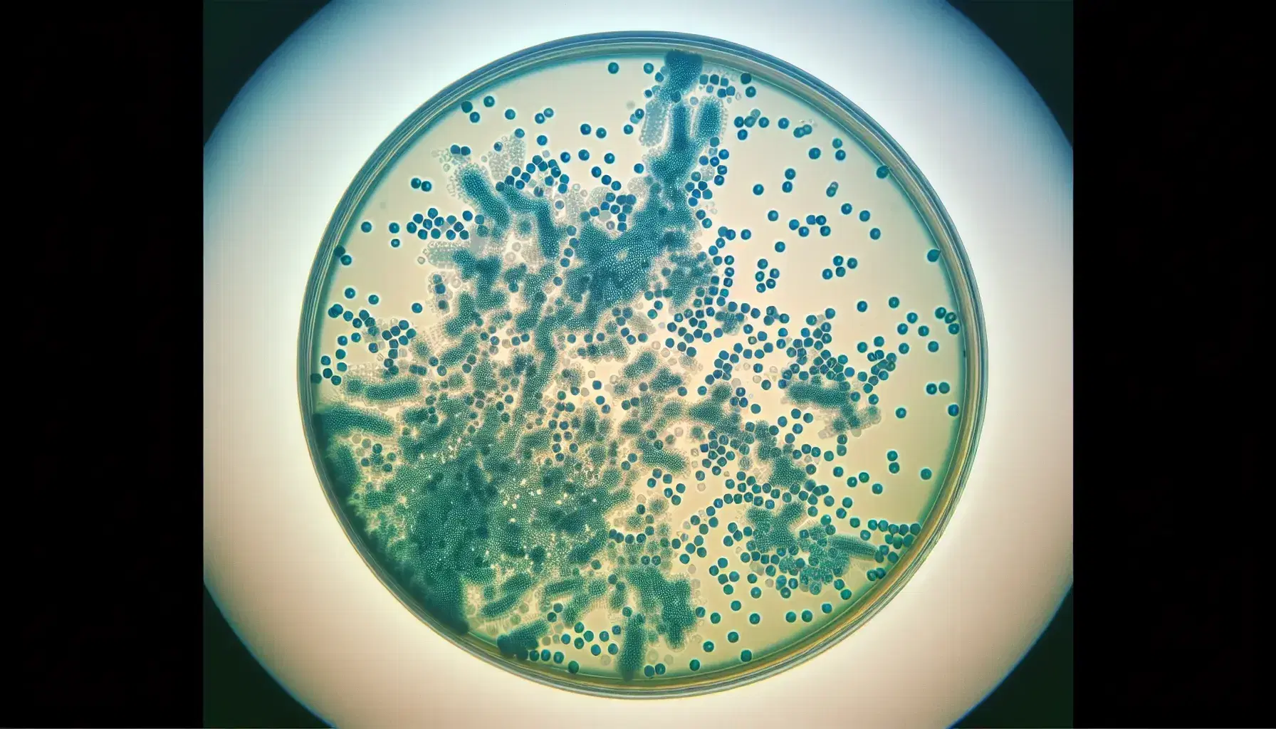 Vista microscópica de colonia bacteriana en medio de cultivo agar, con células teñidas en azul y verde sobre fondo beige.