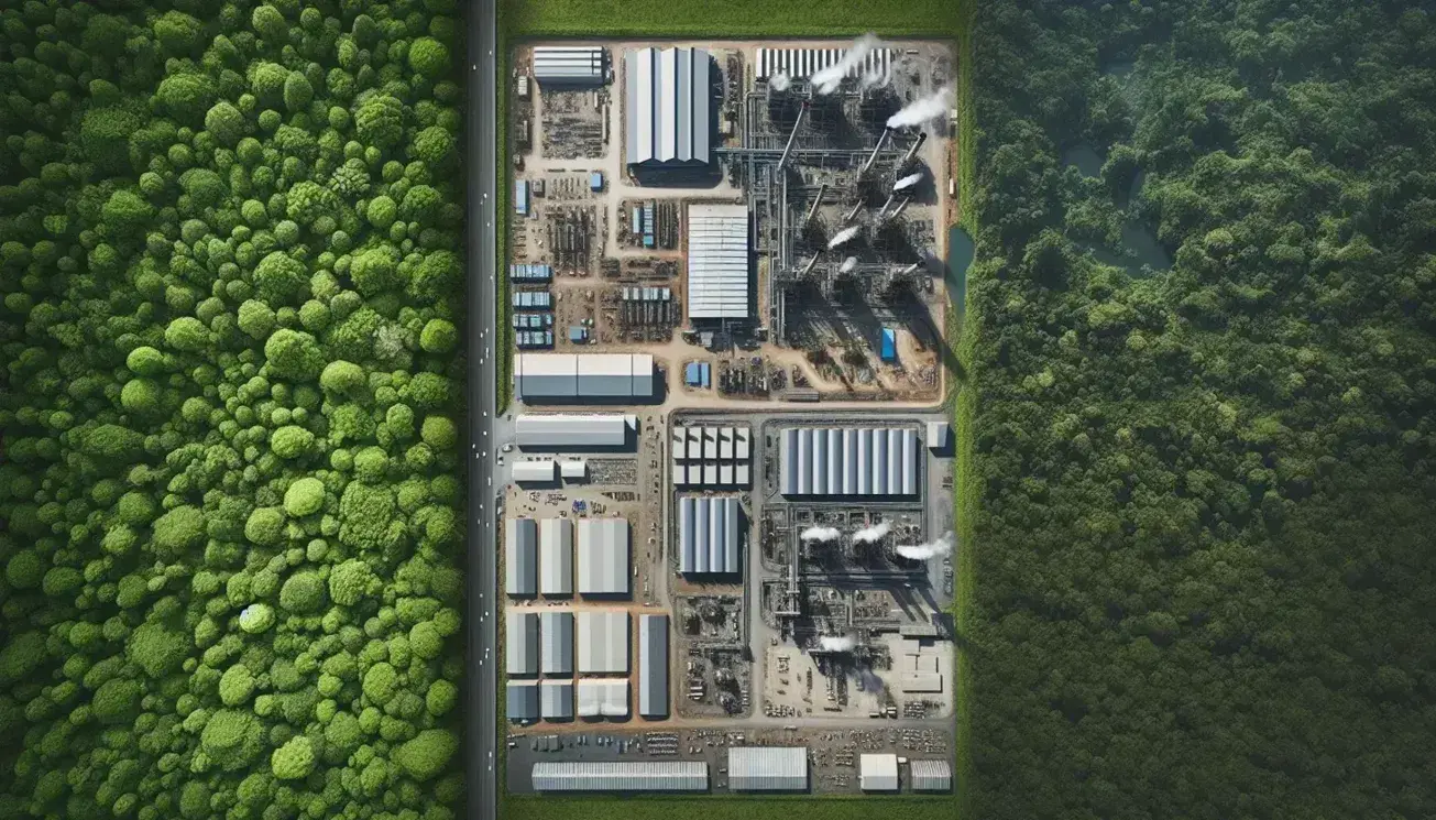 Veduta aerea di un paesaggio diviso tra foresta rigogliosa a sinistra e zona industriale grigia a destra, con netta linea di demarcazione.