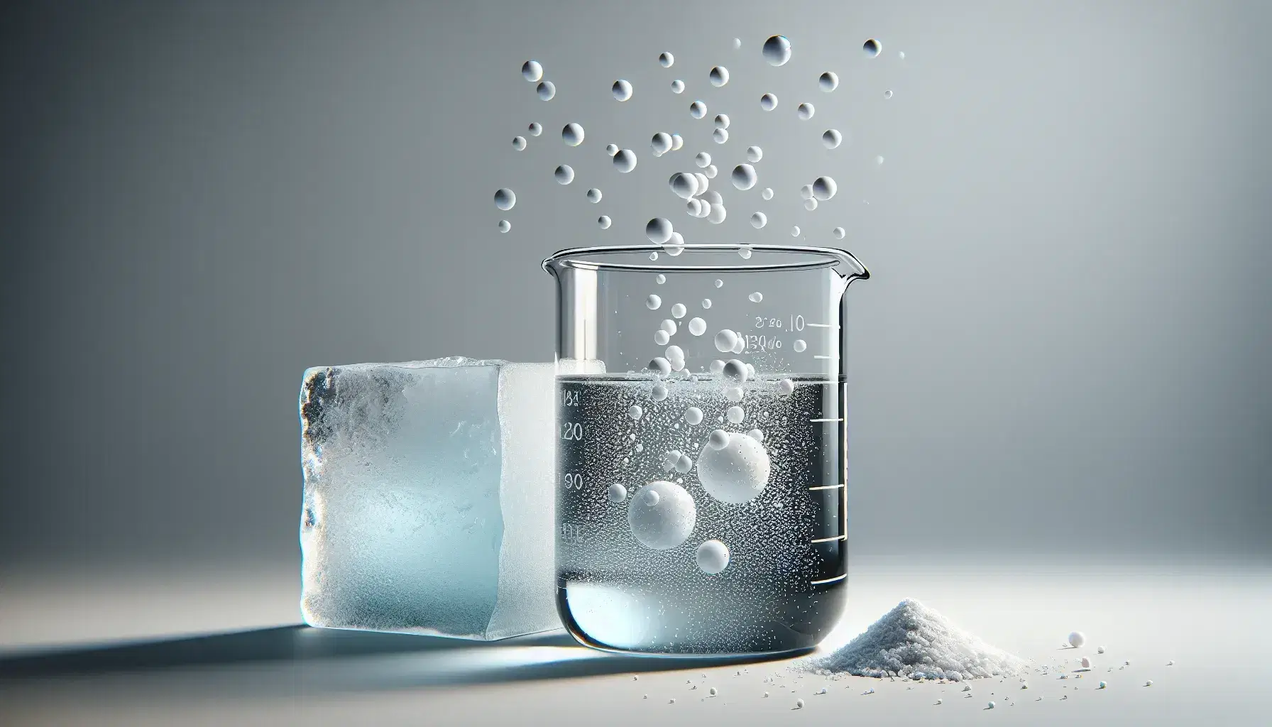 Glass beaker with clear liquid, melting block of ice in the background and white powder with gaseous particles suspended in the air.