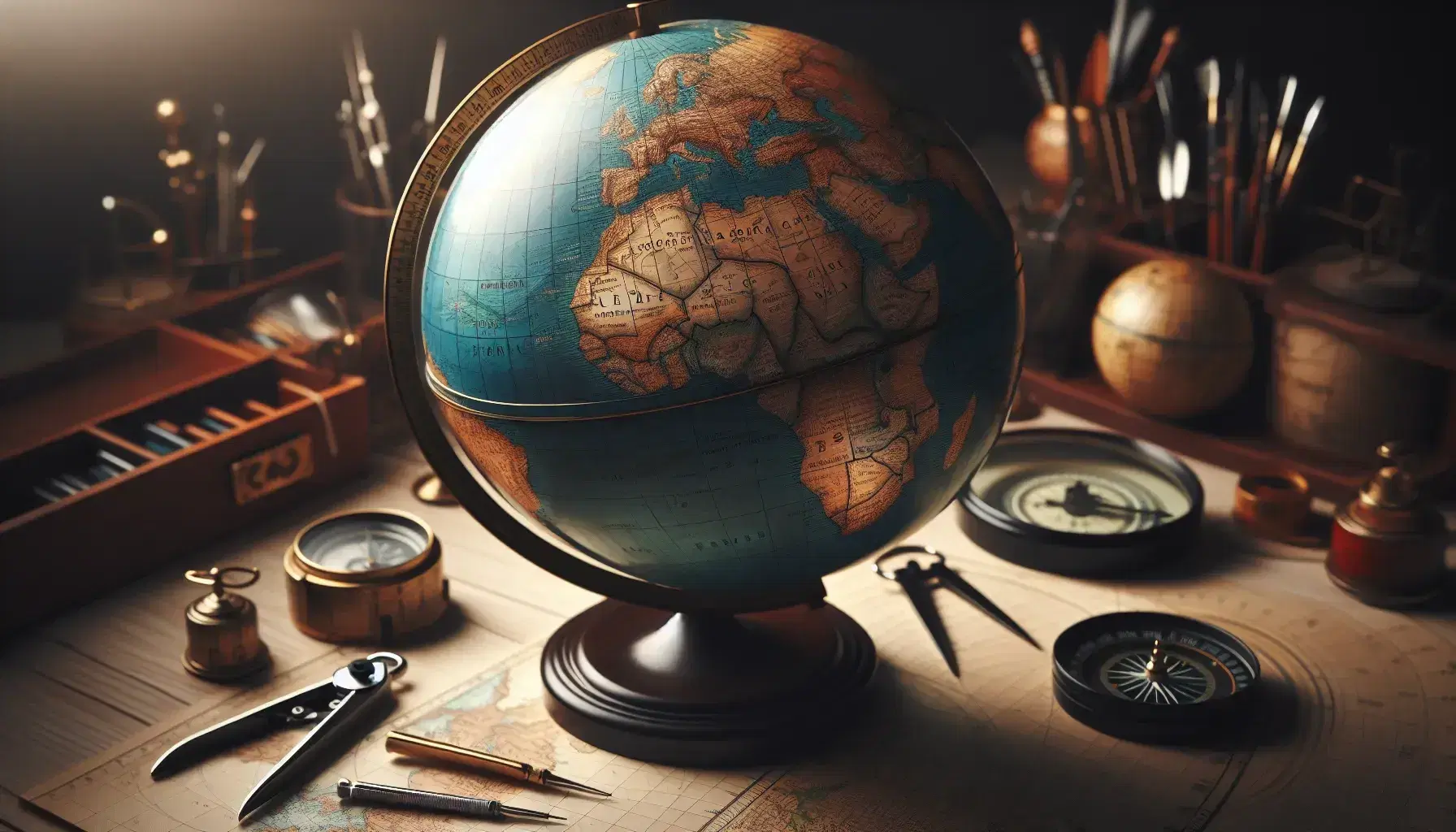 Mappamondo dettagliato su supporto in legno scuro con strumenti cartografici sfocati sul tavolo e illuminazione soffusa.