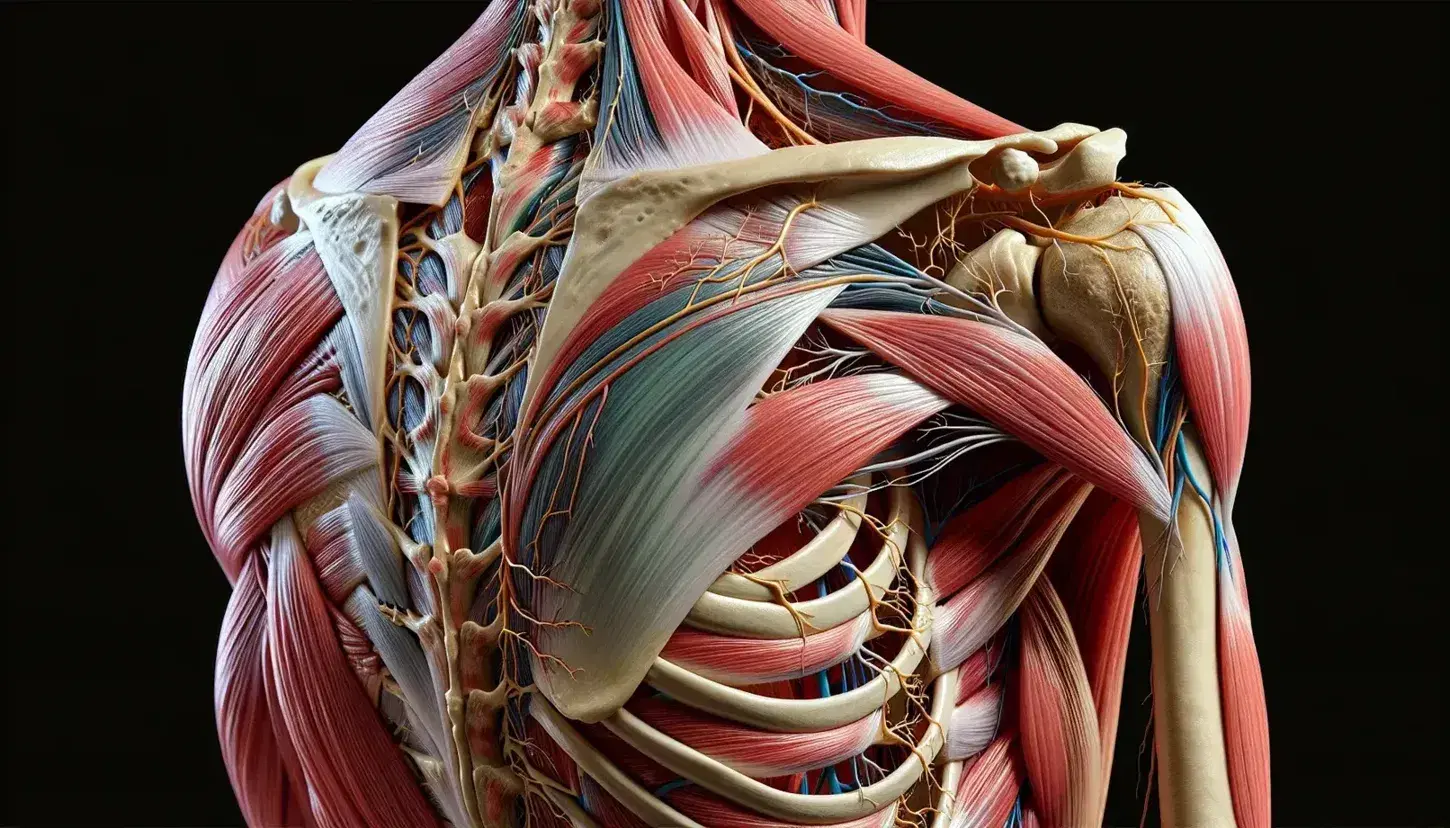 Vista anatómica detallada del hombro humano con músculos, tendones y huesos expuestos, destacando la escápula y el húmero, con vasos sanguíneos y nervios.