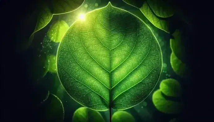 Sunlit translucent green leaf with vein pattern and water drops, blurred background of green leaves.